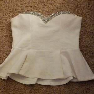White jeweled strapless peplum top